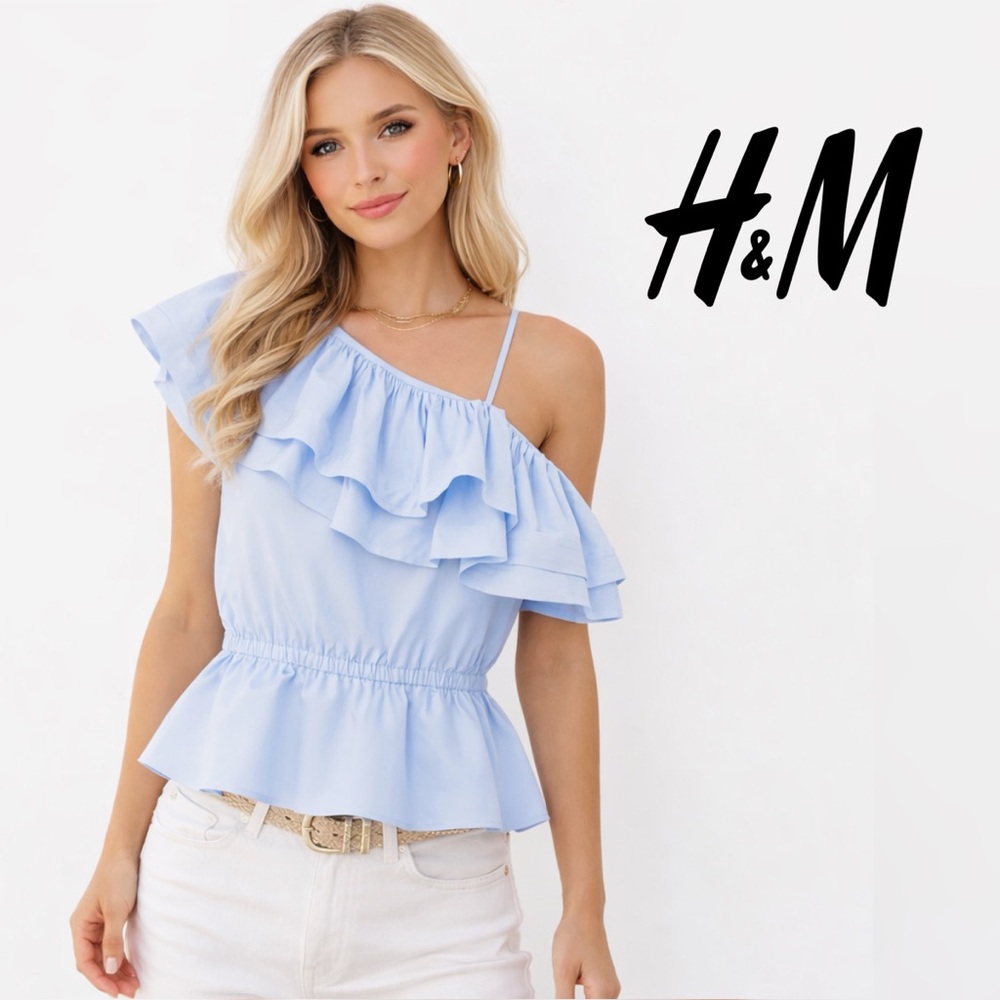 H&M Sky Blue One-Shoulder Ruffle Peplum Camisole, Size 4